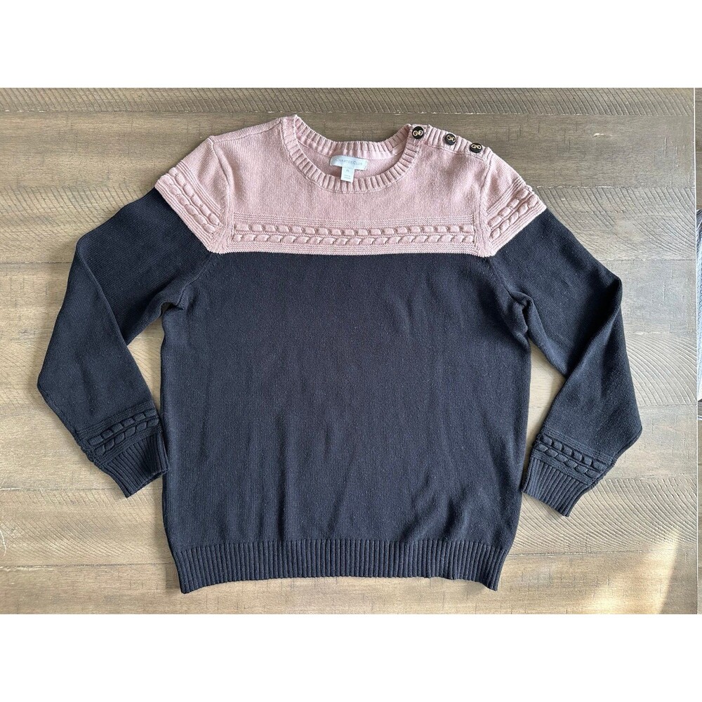 Black Colorblock Cable Knit Sweater Petite L Preppy Old Money Equestrian Button